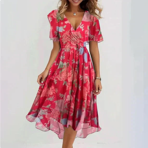 Damen Sommerkleid mit Blumenmuster | Luftiges Midi-Kleid mit V-Ausschnitt, Schmetterlings?rmeln und Wickel-Optik