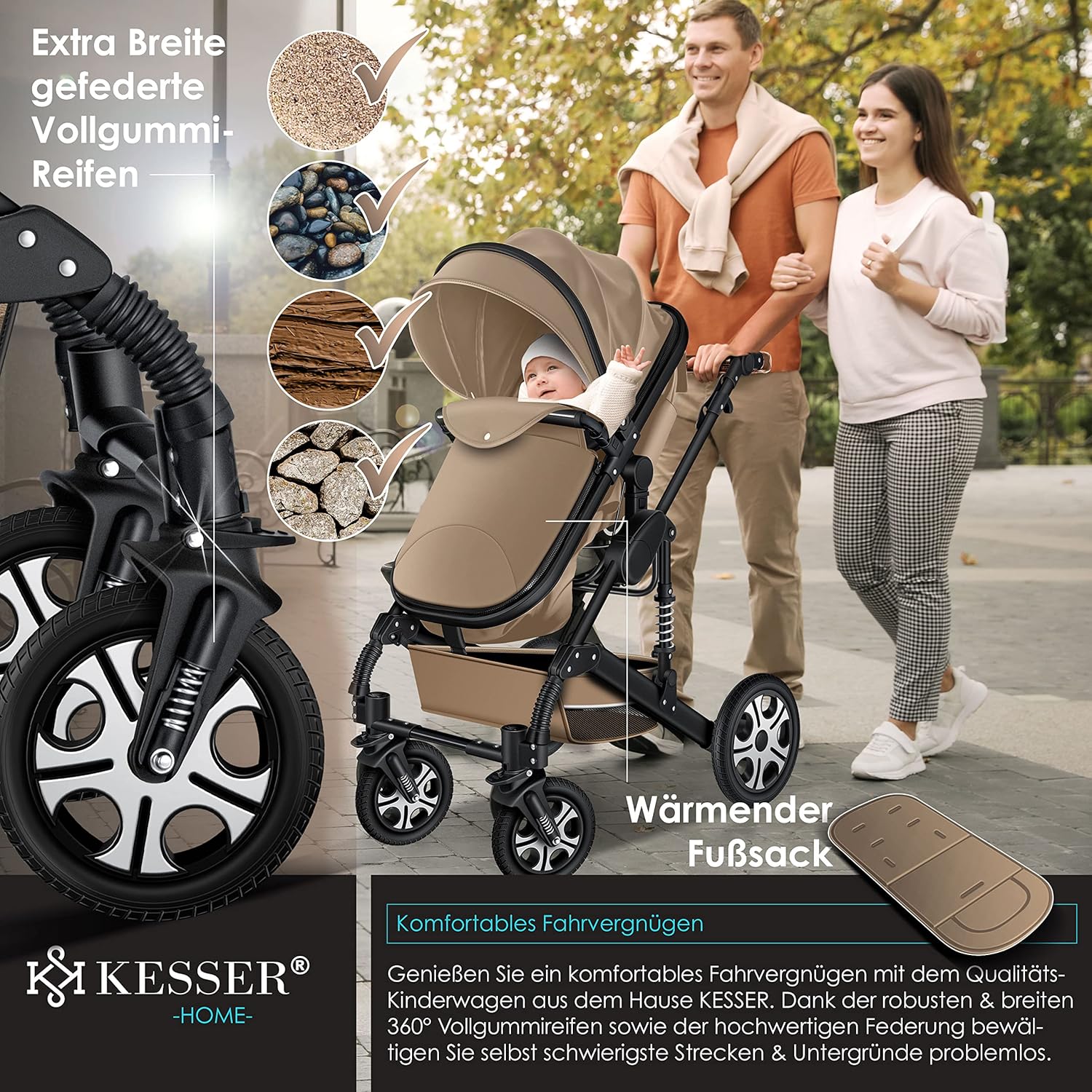 KESSER® Loops 3 in 1 Kinderwagen Kombikinderwagen Komplett-Set inkl. Babywanne & Buggy Sportsitz & Auto-Babyschale Voll-Gummireifen Wickeltasche Regenschutz Kindertisch ECE R129, Schwarz/Champagne