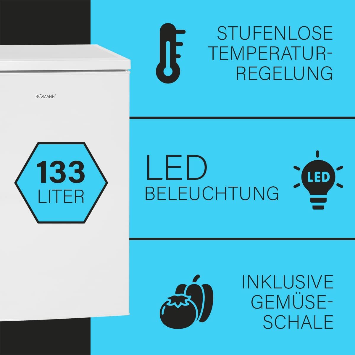 Bomann® Kühlschrank ohne Gefrierfach | Energieklasse D | 85cm | leise 39dB | 3 Ablagen | Türanschlag wechselbar | 133L | Kühlschrank klein mit Gemüsefach | Standardkühlschrank | VS 2195.1 weiß