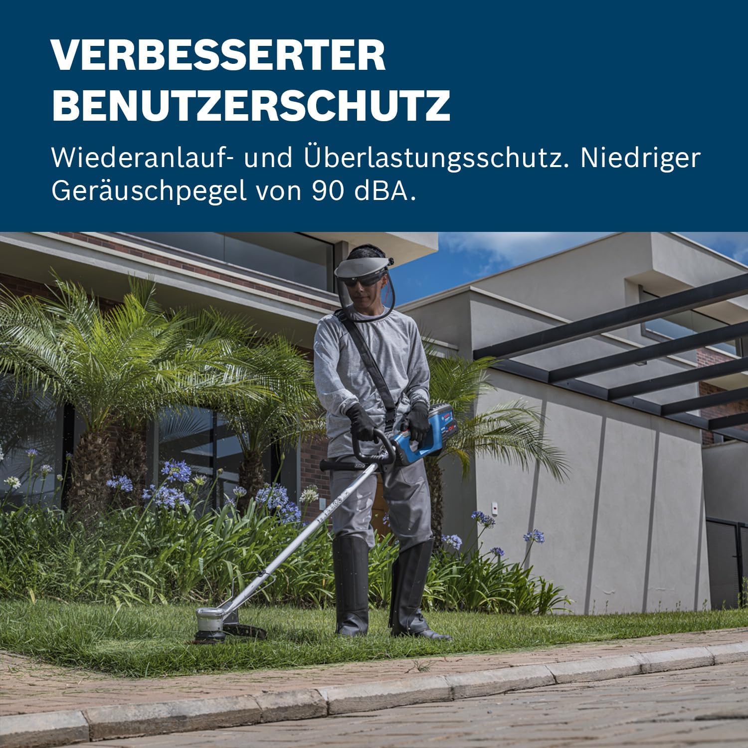 Bosch Professional 18V System Akku-Freischneider GFR 18V-23 (bürstenloser Motor, Schnittkreisdurchmesser 23 cm, 1x Fadenspuleneinheit, 1x Schultergurt, Freischneidermesser-Set, Pflanzenschutzbügel)