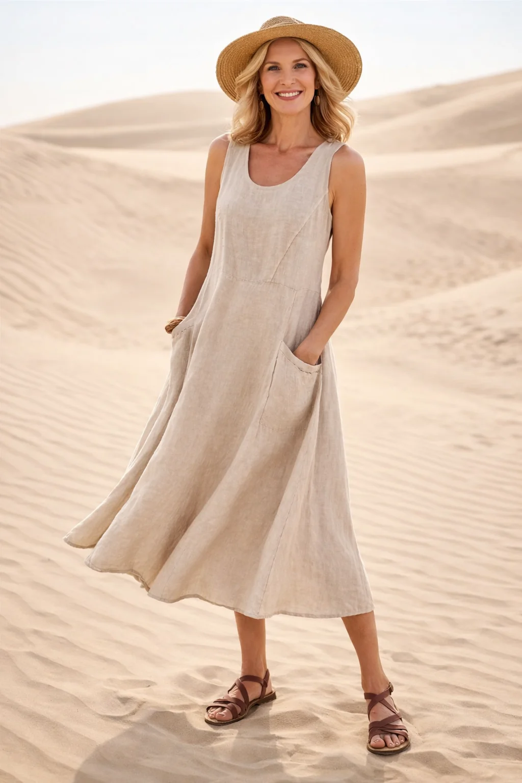 ?rmelloses A-Linien Midi-Kleid f��r Damen | Bequemes Freizeitkleid mit praktischen Taschen und lockerem Schnitt f��r den Alltag