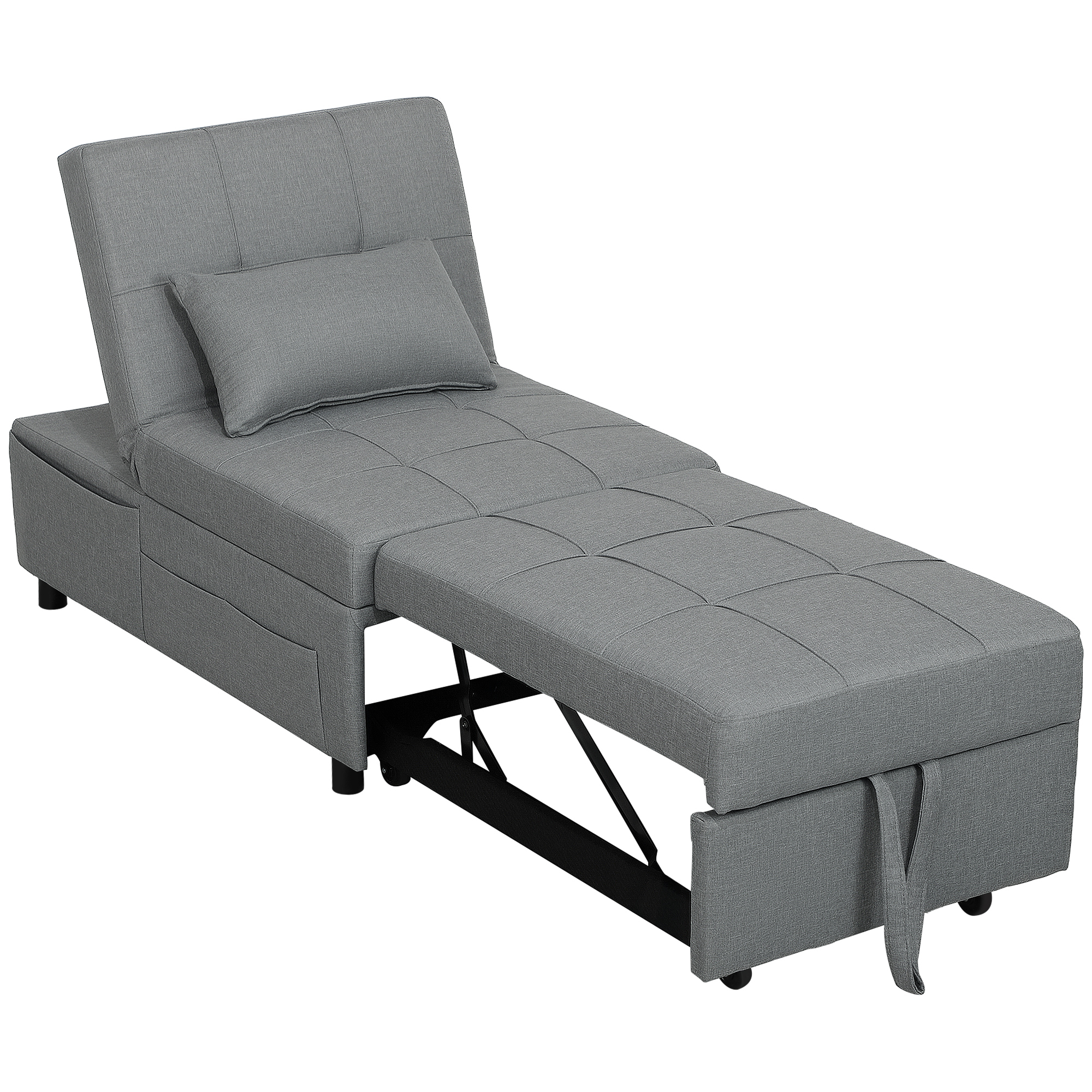 3-in-1 Opklapbare Fauteuil met Zijvak, Gastenbed met Kussen, Verstelbare Rugleuning, Slaapstoel met Wielen, Lichtgrijs