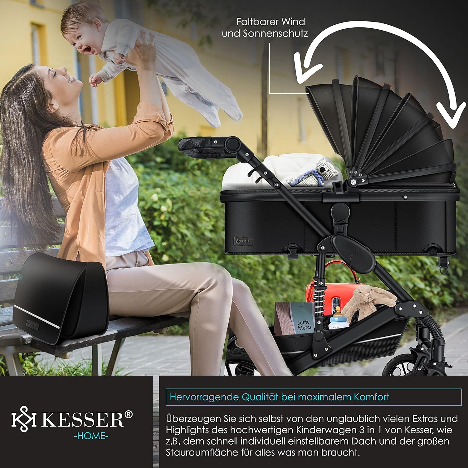 KESSER® Loops 3 in 1 Kinderwagen Kombikinderwagen Komplett-Set inkl. Babywanne & Buggy Sportsitz & Auto-Babyschale Voll-Gummireifen Wickeltasche Regenschutz Kindertisch ECE R129, Schwarz/Champagne
