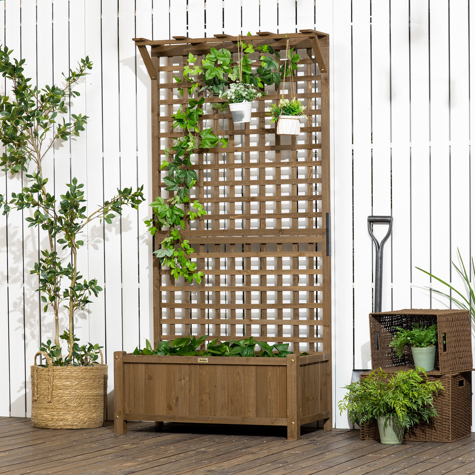 Outsunny Verhoogde plantenbak met trellis en dak, bloembak, bloemenbed, weerbestendig, hout, 90 x 45 x 183 cm, Bruin