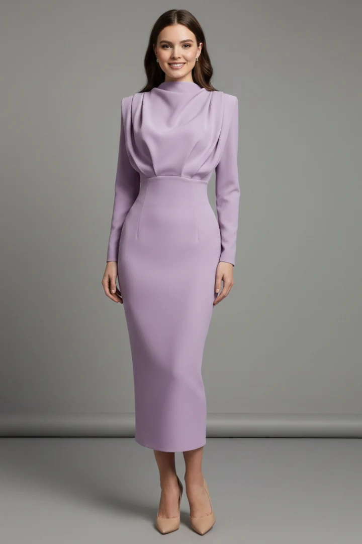 Damen Maxikleid mit Stehkragen und langen ?rmeln | Elegantes Langarmkleid mit tailliertem Schnitt und Raffung am Ausschnitt