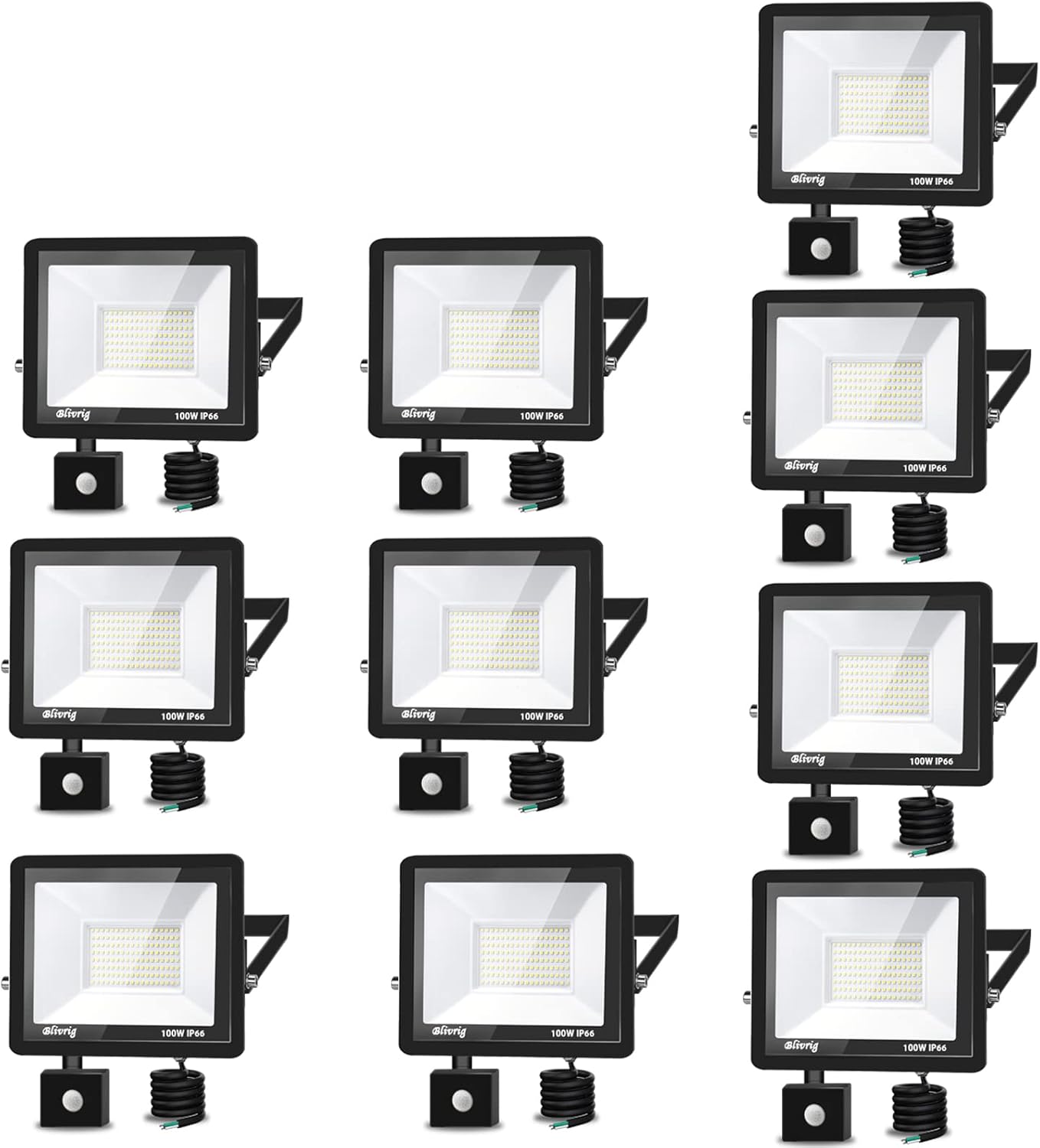 LED Strahler mit Bewegungsmelder 100W 10 Stück, 10000 Lumen Außenleuchte, 6000K Kaltweiß Strahler LED Bewegungsmelder, Außenstrahler IP66 Wasserdicht, Außenlampe für Garten, Innenhöfe, Garage, Flu