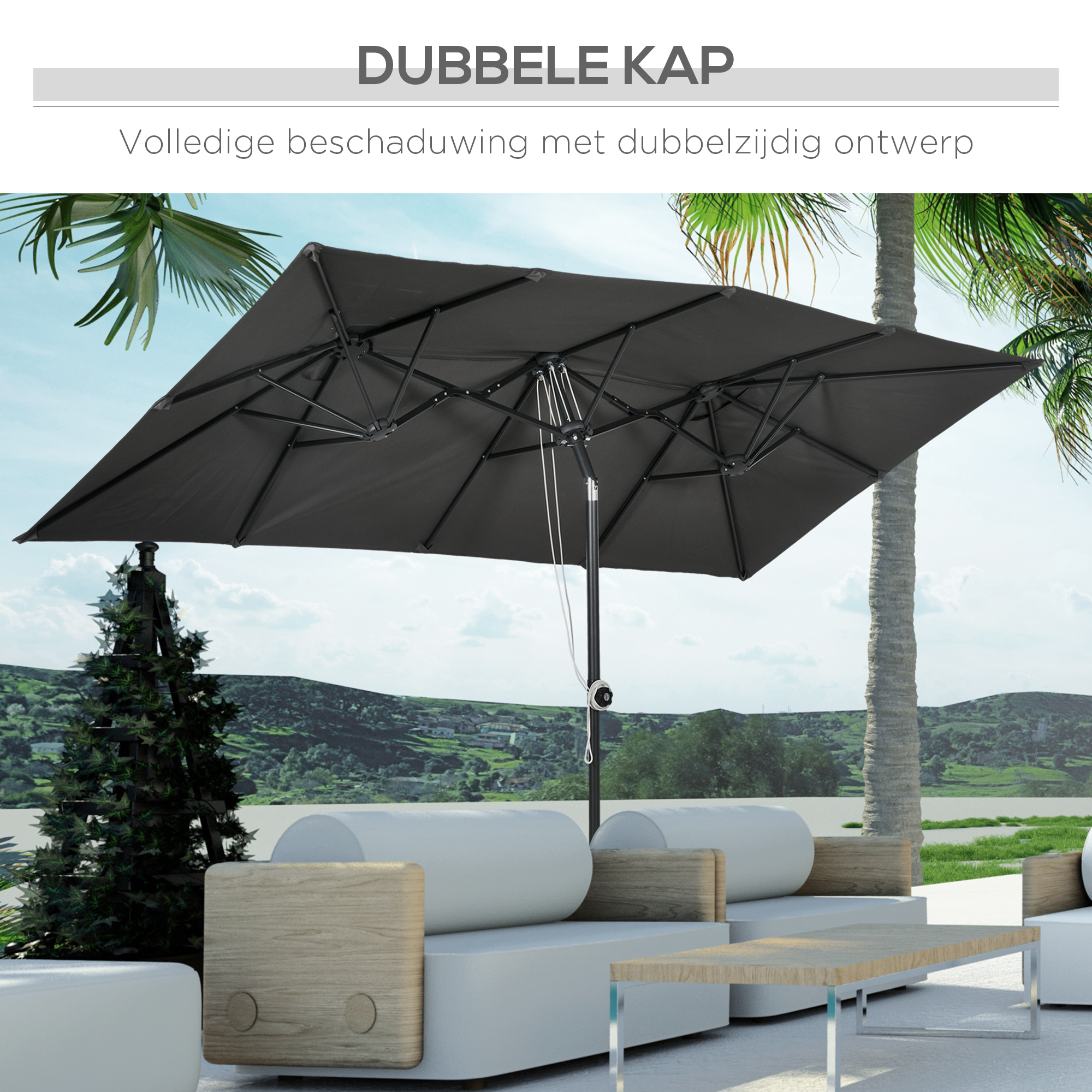 Grote parasol, verstelbaar in hoogte en kantelbaar, 150x295x170-214 cm, Grijs