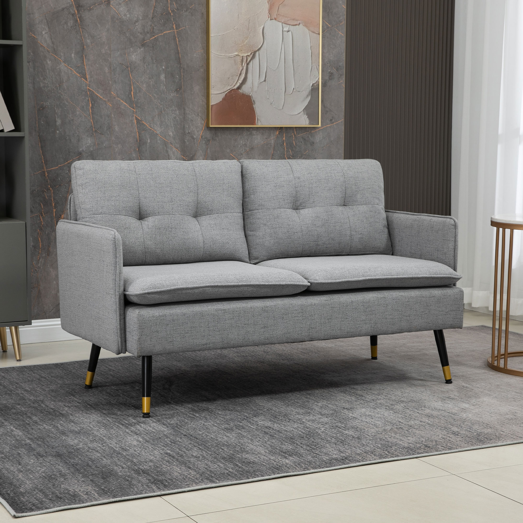 2-zitsbank in retro-design, met knoopstiksels, linnenlook, lichtgrijs+zwart+goud