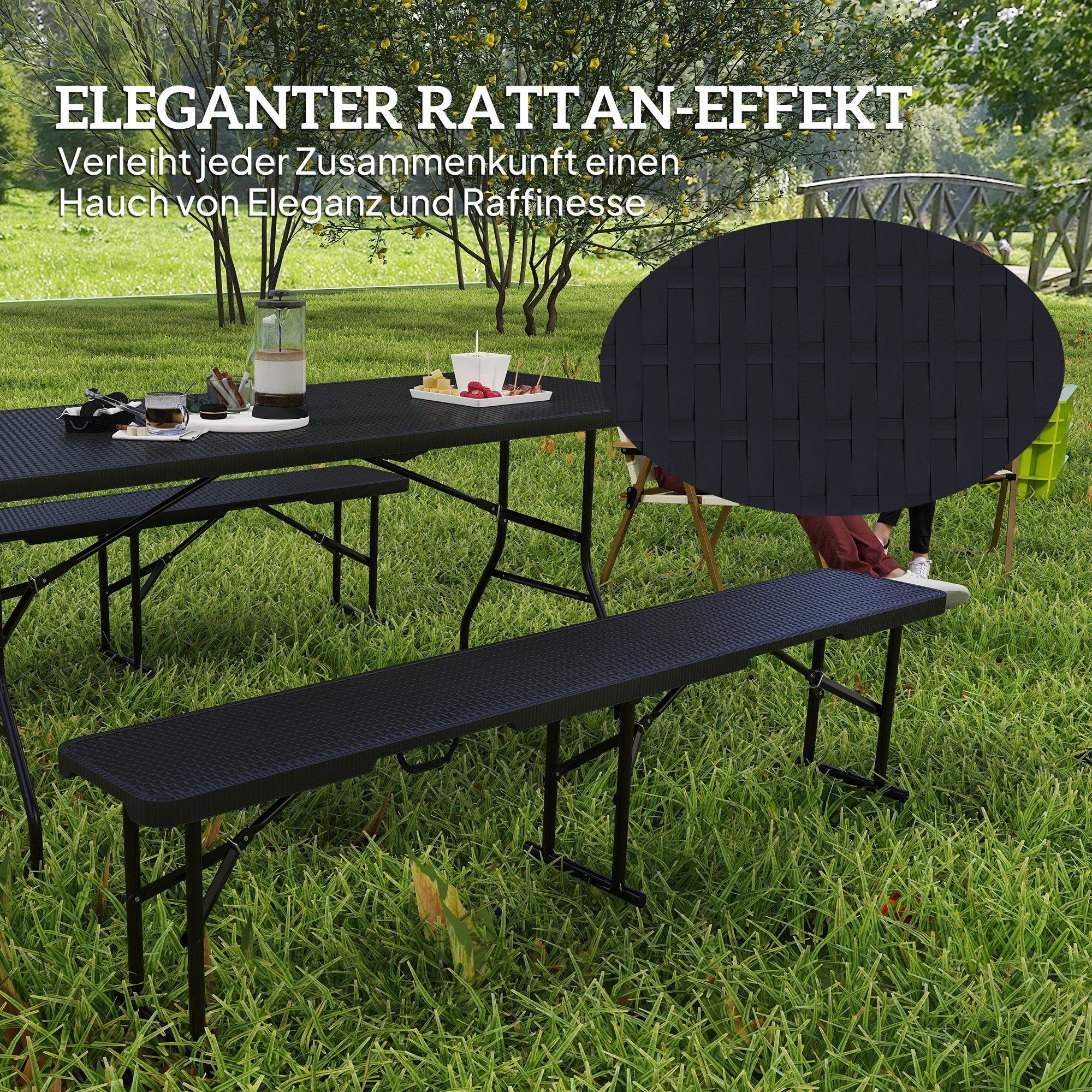 Outsunny Picknicktafel en Banken, 3-Delige Set, Opvouwbaar, Kunststof, Metaal, Zwart