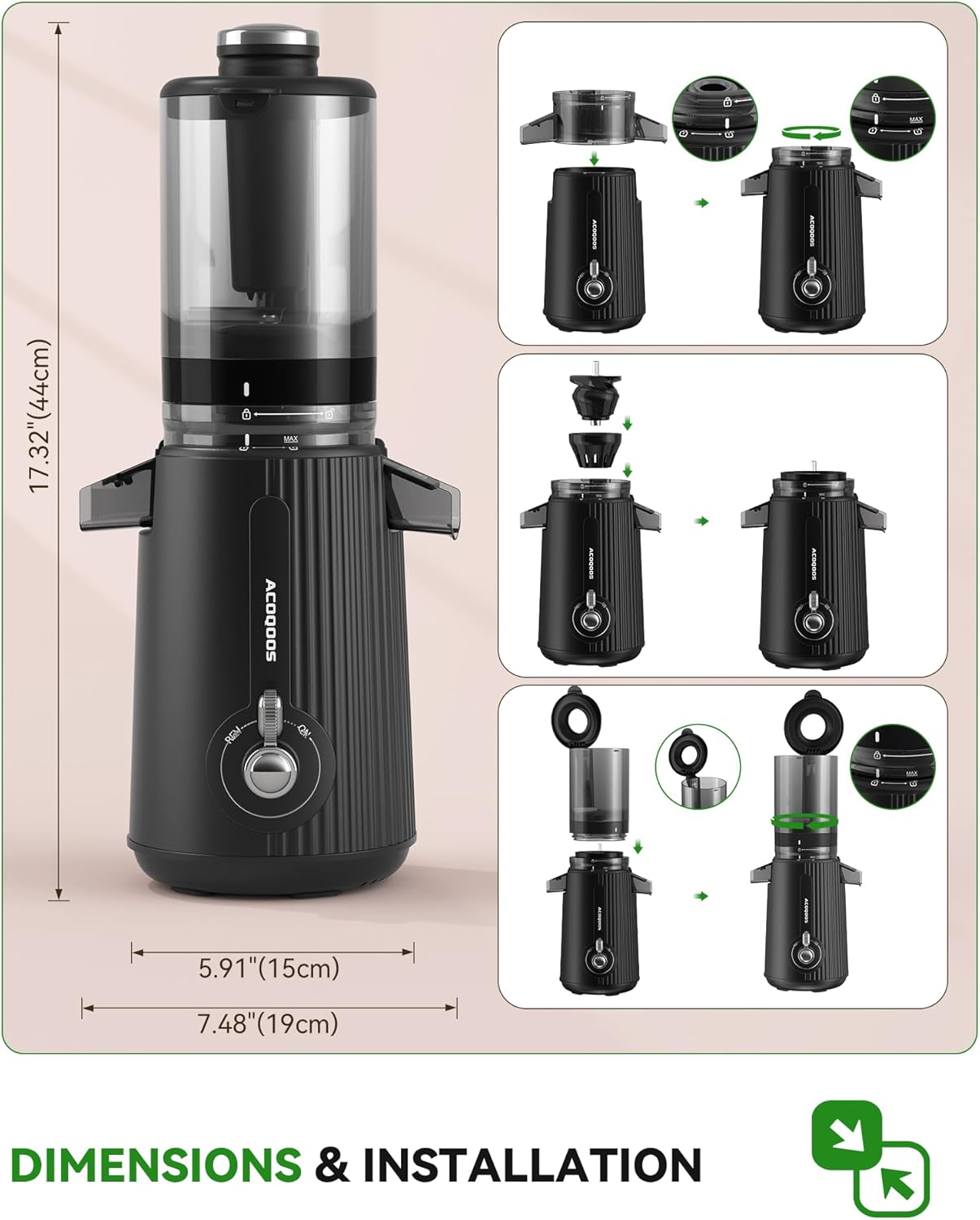 ACOQOOS Entsafter, Entsafter Gemüse und Obst with 110MM Einfüllffnung, Leicht zu Reinigen Slow Juicer Machine with 2 Cups Schwarz