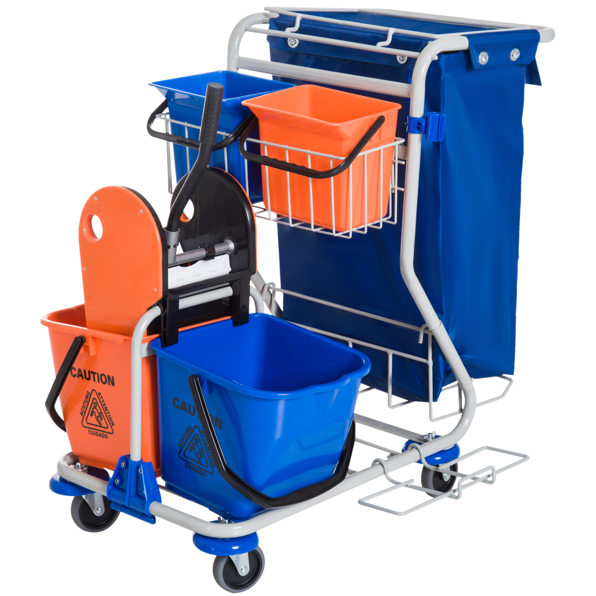Schoonmaakwagen schoonmaaktrolley met wielen 4 verrijdbare emmers, dweilwagen, blauwe systeemwagen