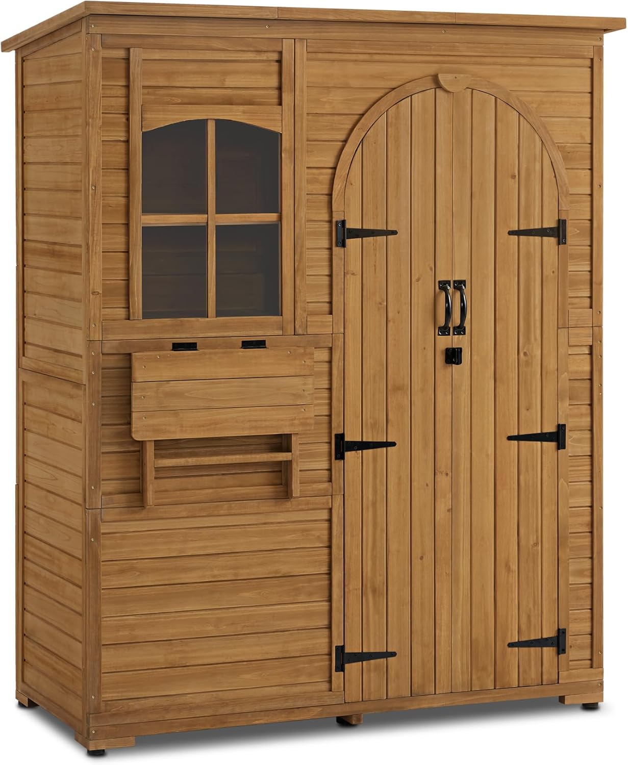 M MCombo Gartenschrank Geräteschuppen Holz Wetterfest, Gartenhaus Outdoor Wasserdicht Begehbar für Außenbereich Balkon Terrasse, Aufbewahrungsschrank mit 3 Regale 73×144×185 cm (Natur)