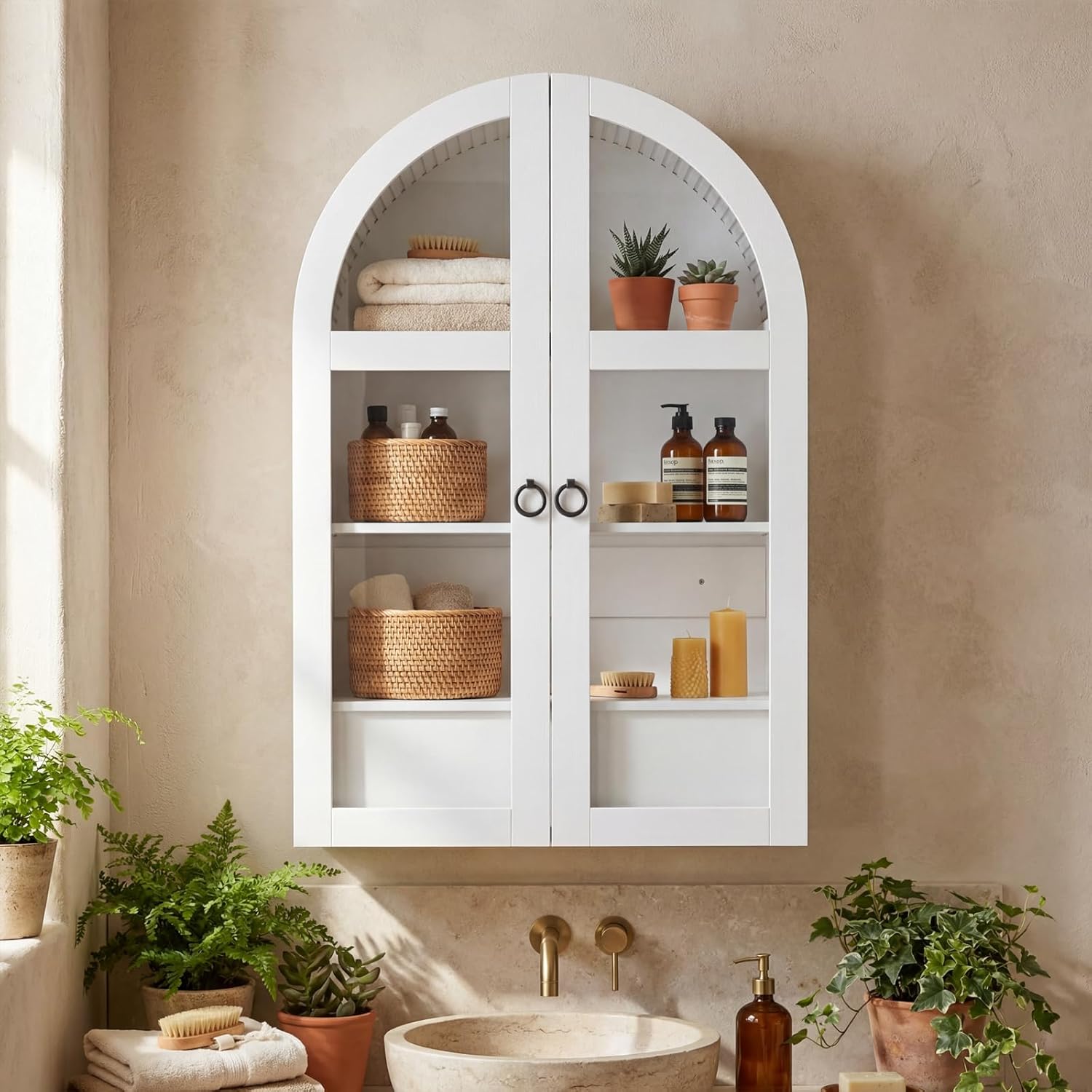 Medicine Cabinet with Tempered Glass Door, Arched Bathroom Wall Cabinet with Adjustable Shelf, for Kitchen, Living Room, Entryway, Laundry Room, Apartment, Office, Small Space, White