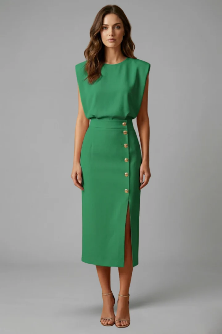 Damen Midikleid mit Rundhalsausschnitt und seitlichem Schlitz | ?rmelloses Kleid mit Knopfleiste und tailliertem Schnitt