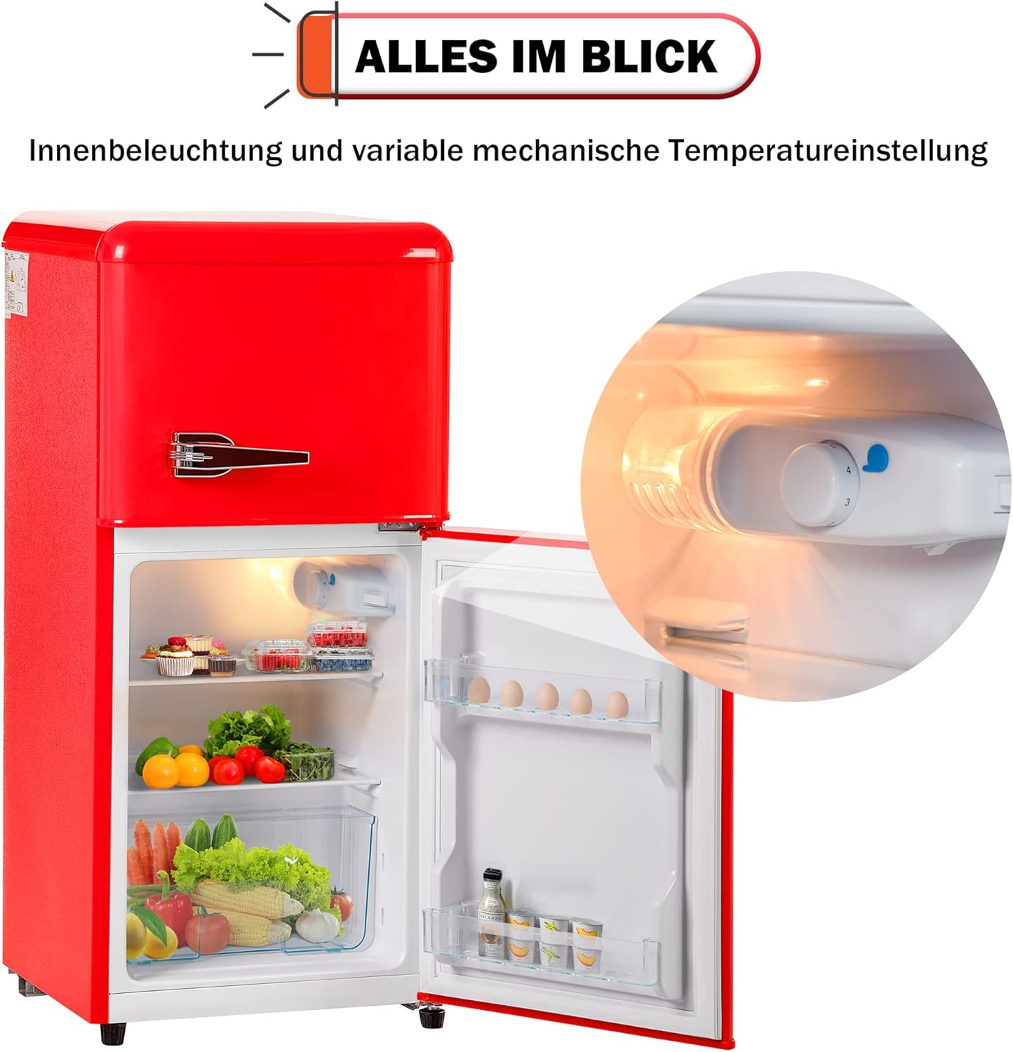 DRIXNO Retro-Kühlschrank Rot Gefrierkombination. 86,8 cm hoch, 45,5 cm breit, zweitürig, mit 60 Liter Gesamtvolumen, 22 Liter Gefriervolumen. 163 kWh/Jahr, -27°C ∽ 13°C, LED-Licht