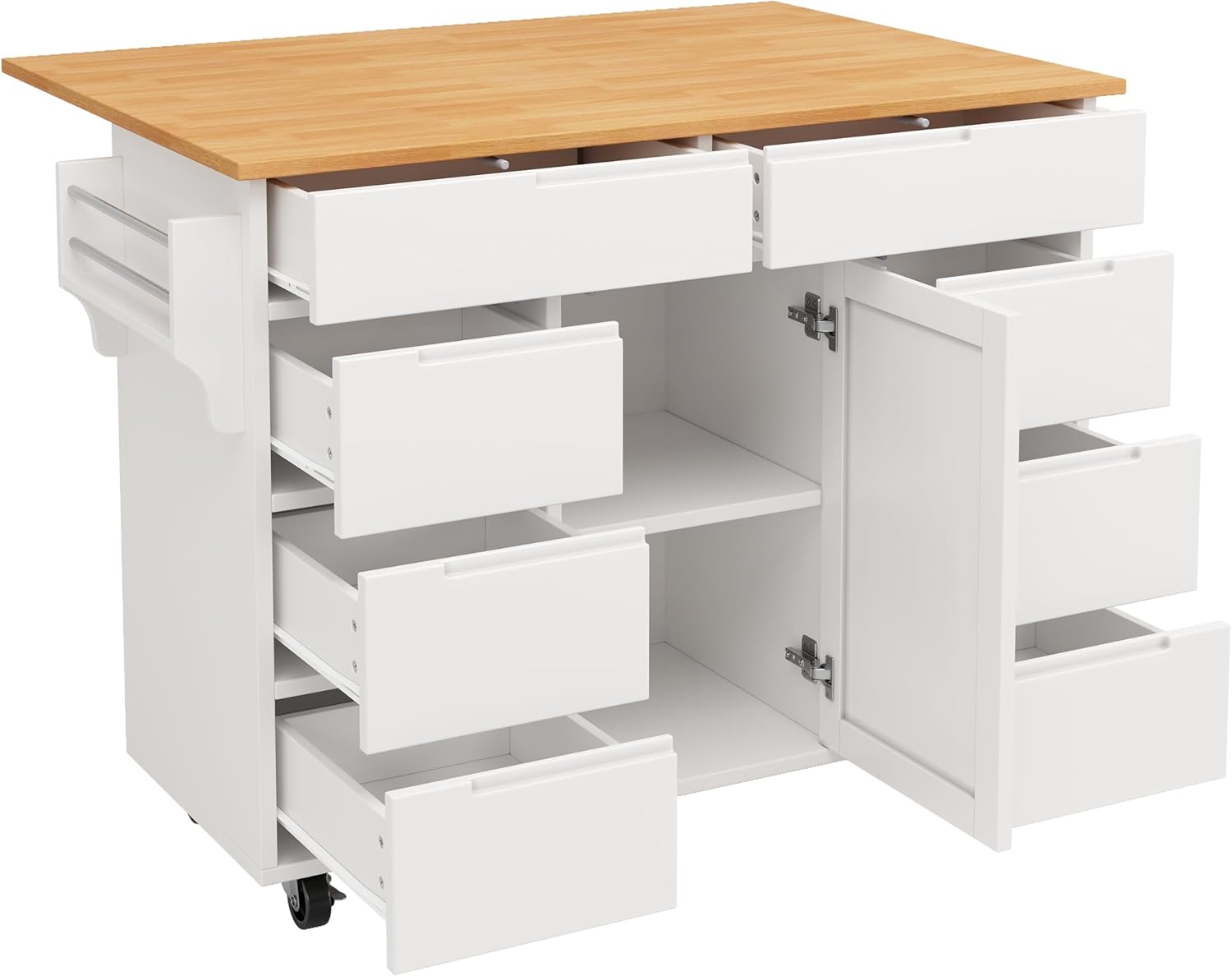 Kücheninsel, Moderne Küchenschrank, Ausziehbarer Küchenwagen mit Rollen und Arbeitsplatte, Servierwagen mit Gewürzregal und 8 Schubladen (Weiß)