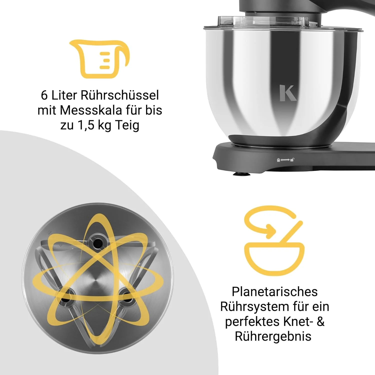 KLAMER Keukenmachine 1800W, Kneedmachine met 6 Liter RVS Kom, 10 Snelheidsstanden met Timer, Klopper, Deeghaak, Garde en Spatdeksel