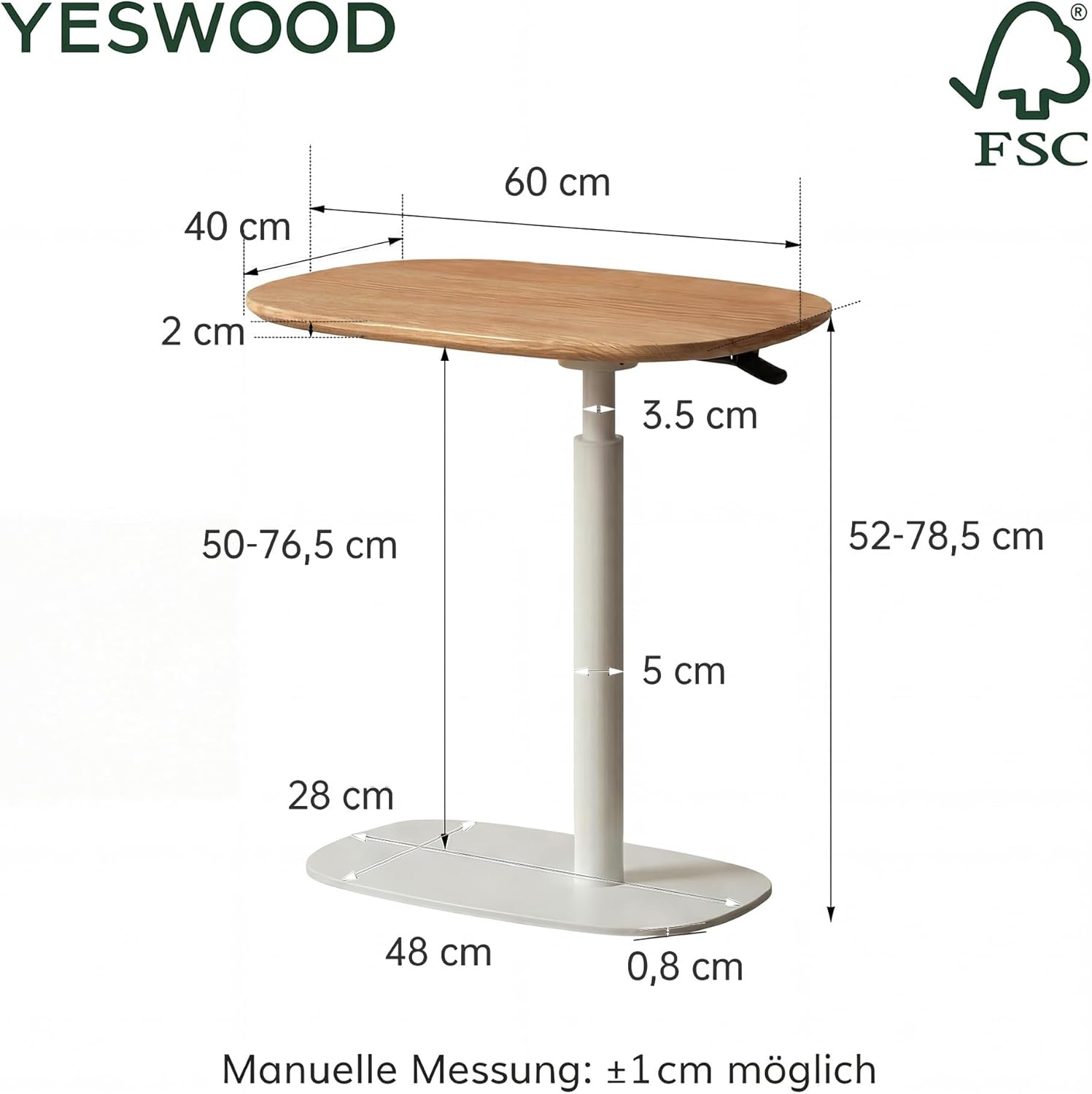YESWOOD Beistelltisch C-Form höhenverstellbar & 360° drehbar, Couchtisch mit Metallgestell, Sofatisch für Wohnzimmer, Laptoptisch für Schlafzimmer,60 x 40 x 52-78,5 cm, Eiche