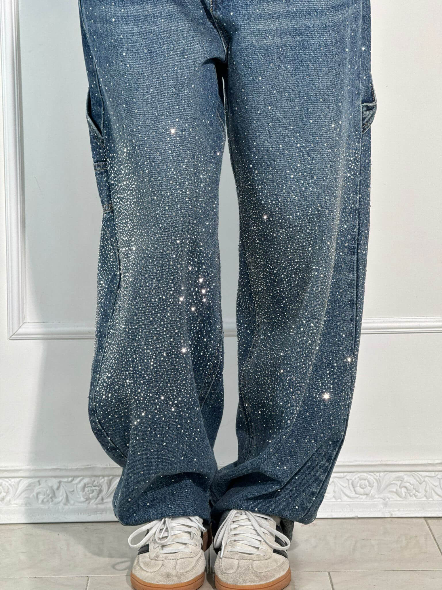 Damen Baggy Jeans mit Glitzer-Applikationen | Weite Wide Leg Denim Hose im Balloon-Schnitt | Bequeme Damenjeans aus Baumwolle