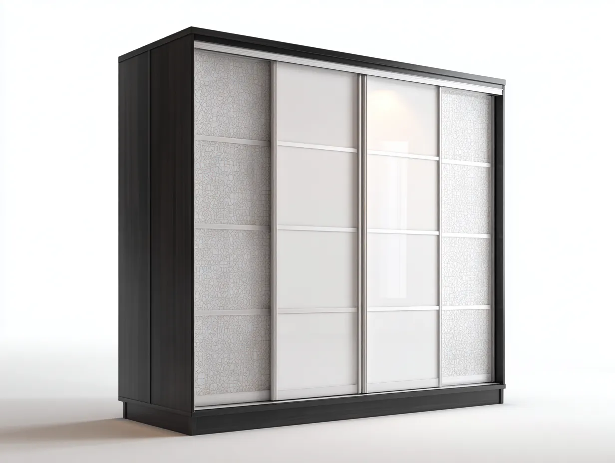 Kleiderschrank mit Schiebetüren - Holzwerkstoff-Glas-Metall - 240 x 65 x 210 cm - Weiß-Beige-Schwarz - Moderner Stil