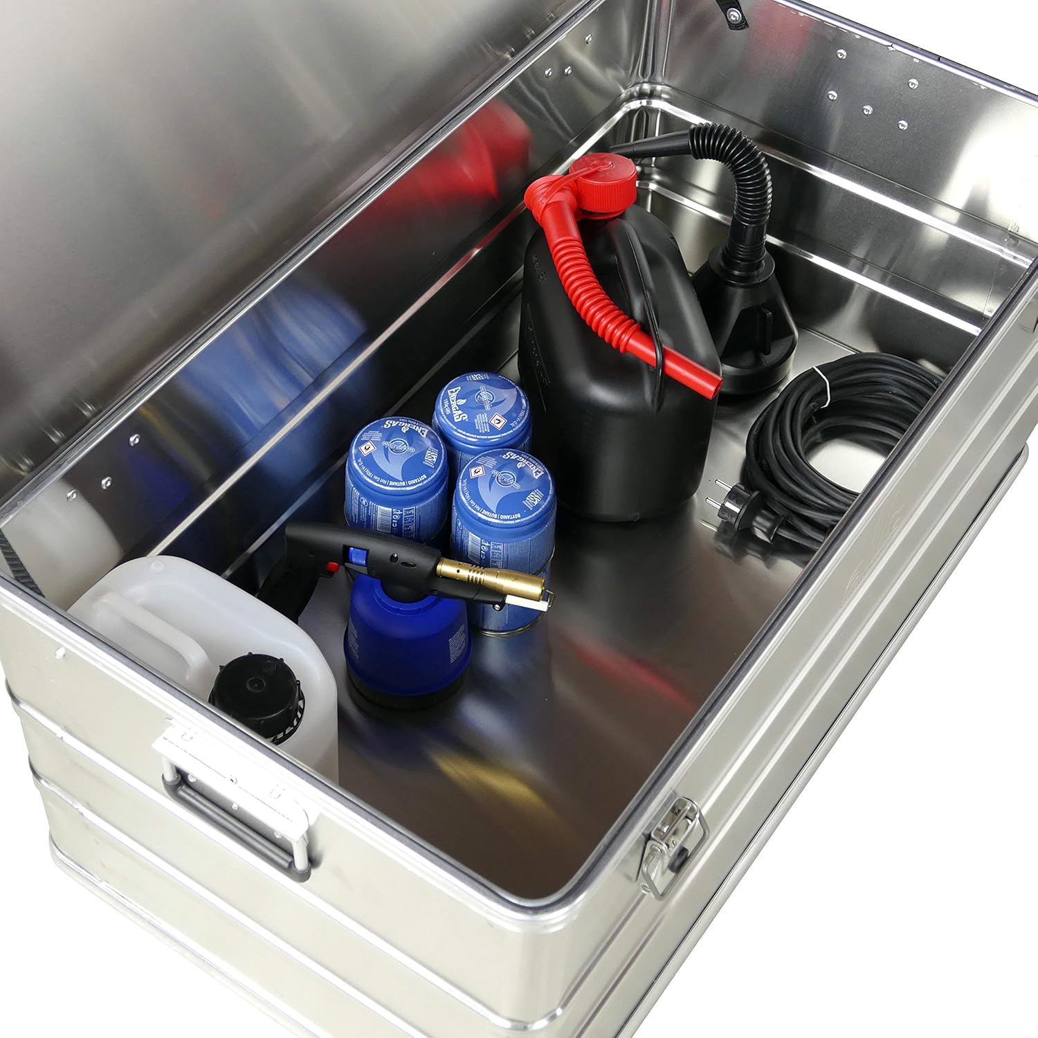 Aluminiumbox Alubox 140l Fassungsvermögen - Werkzeugkiste Staub- und Spritzwassergeschützt - Deichselbox Metallkiste Gartentruhe Alukiste Alu transportbox Werkzeugbox Aluminium Koffer
