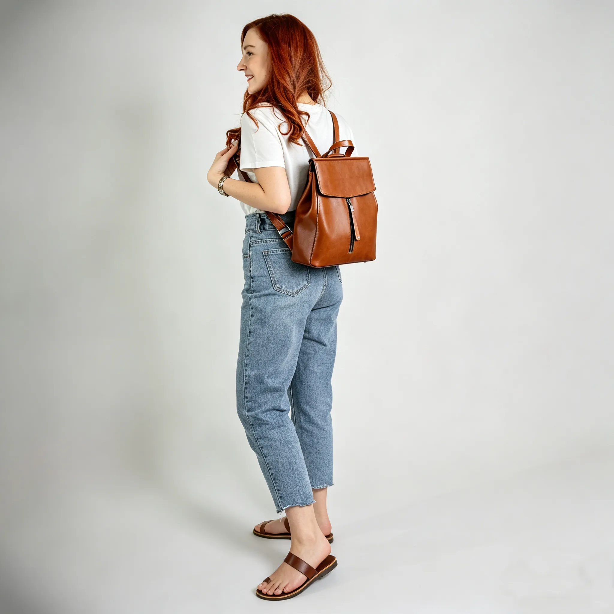 Brown Zipper Convertible Leather Backpack