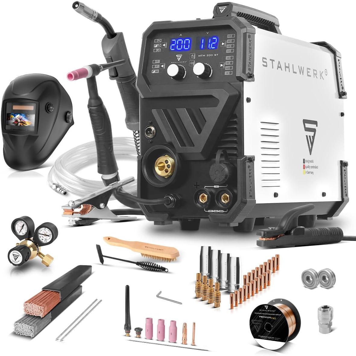 STAHLWERK Schutzgasschweißgerät 3-in-1 Kombi MTM-200 ST – Vollausstattung – WIG, MIG/MAG, MMA/E-Hand bis 200 A, synergischer Drahtvorschub, 4-Rollen-Antrieb, Fülldraht geeignet, Stahl, Dünnblech
