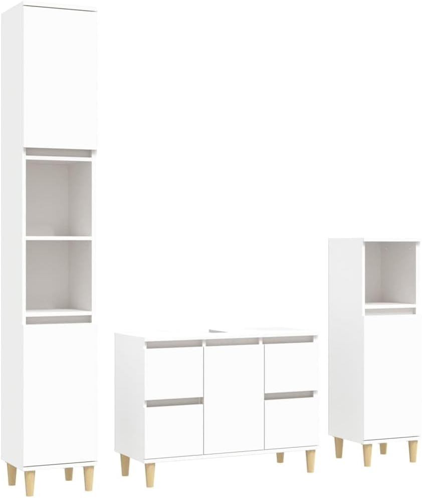 vidaXL Badmöbel Set 3-TLG., Badschrank Holzbeine, Badezimmer Unterschrank Hochschrank Midischrank, Badezimmermöbel, Weiß Holzwerkstoff
