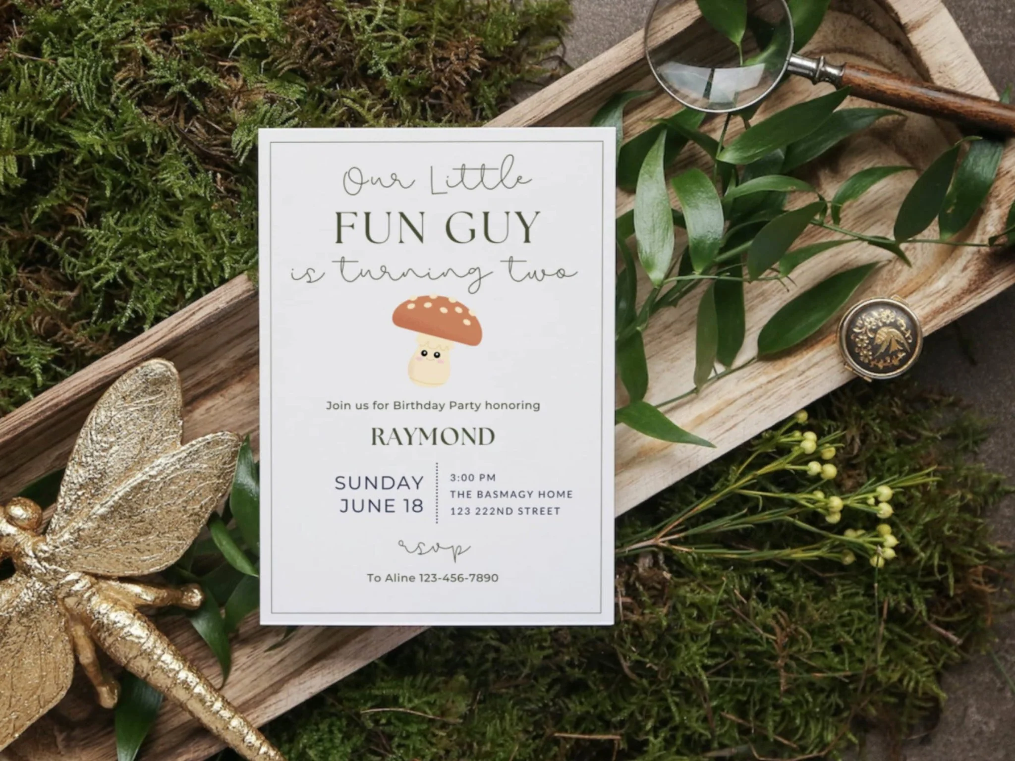 Fun-Guy Birthday Invitation, Mushroom Invitation, children's birthday invitation, minimalist invitation, baby invitation, fungi theme