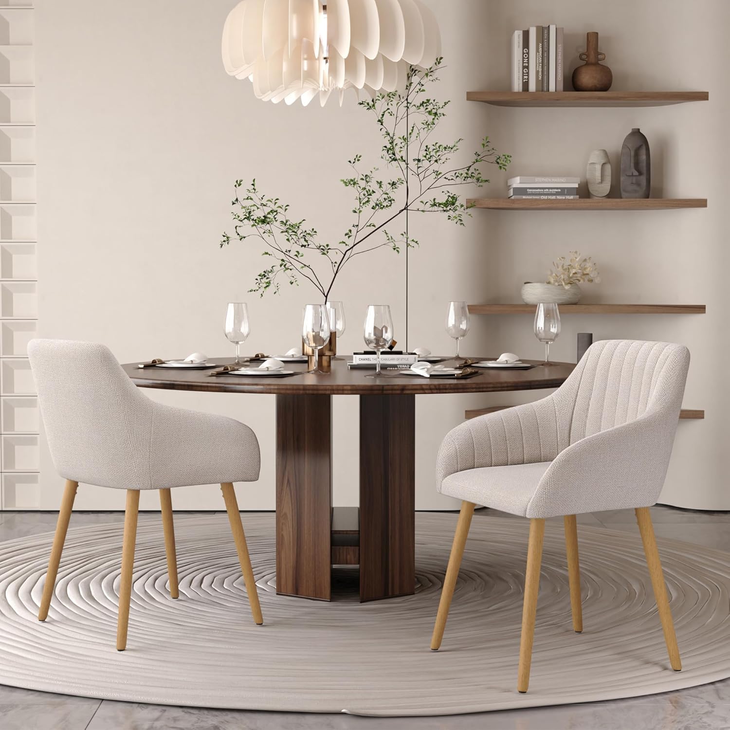 Armlehnenstuhl Esszimmerstuhl 4er Set Beige Holzbeine Polsterstuhl mit Armlehne Stühle Esszimmer Küchenstuhl Wohnzimmerstuhl aus Polyester
