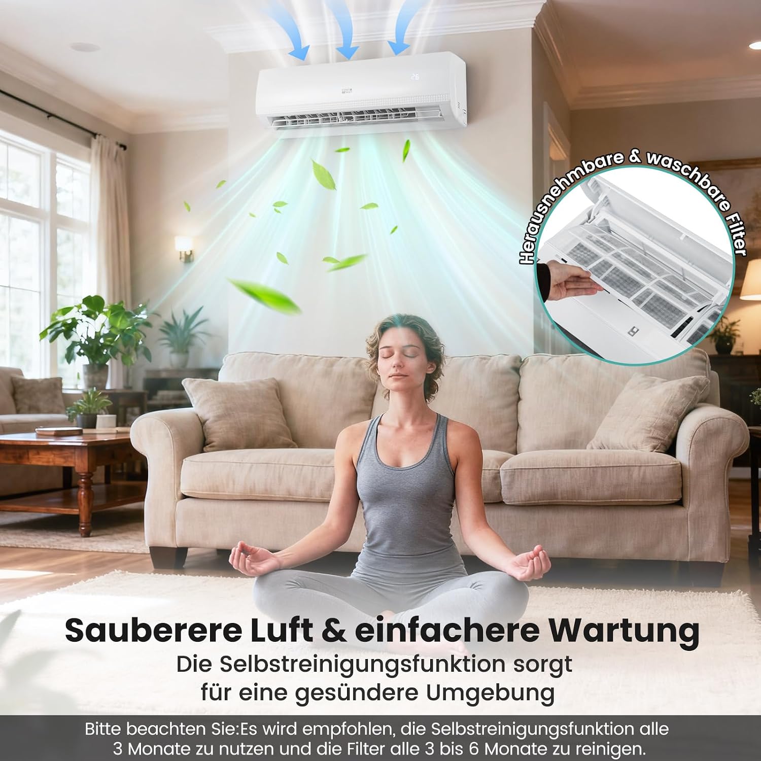 COSTWAY 9000BTU Split Klimaanlage, Klimageräte mit Heizfunktion 2,6kW, Air Conditioner Wandhalterung inkl. Kupferleitung, Kältemittel R32, sehr leise für Räume bis zu 42m³