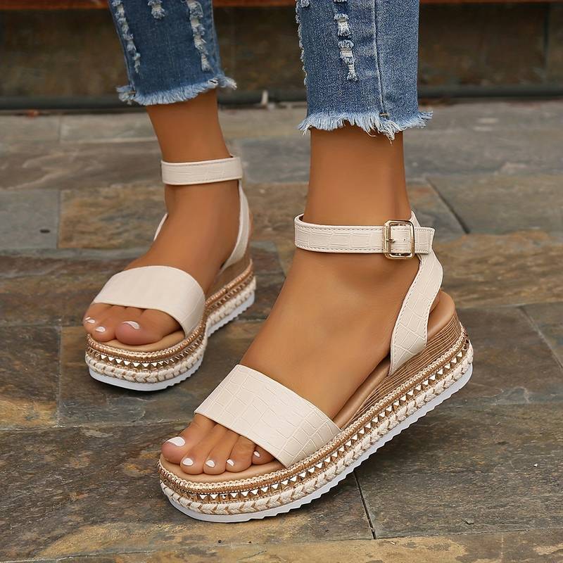 Damen Plateausandalen mit verstellbarem Fesselriemen | Bequeme Sommersandalen mit rutschfester Profilsohle f��r den Alltag