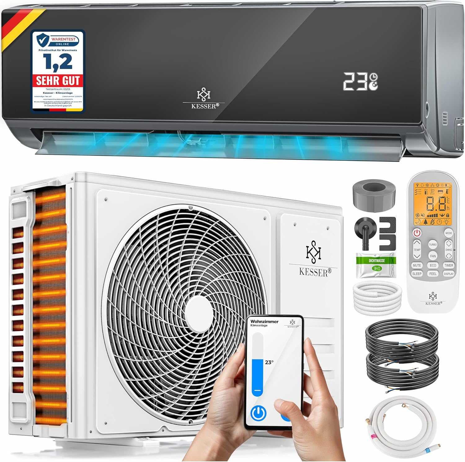 KESSER® Klimaanlage Set Split, WiFi/App Funktion Klimagerät, Kühlen A++/Heizen A+ -9000 BTU/h (2.600 W) sehr leise, Kältemittel R32, Fernbedienung, Timerfunktion, Montagematerial [Energieklasse A++]