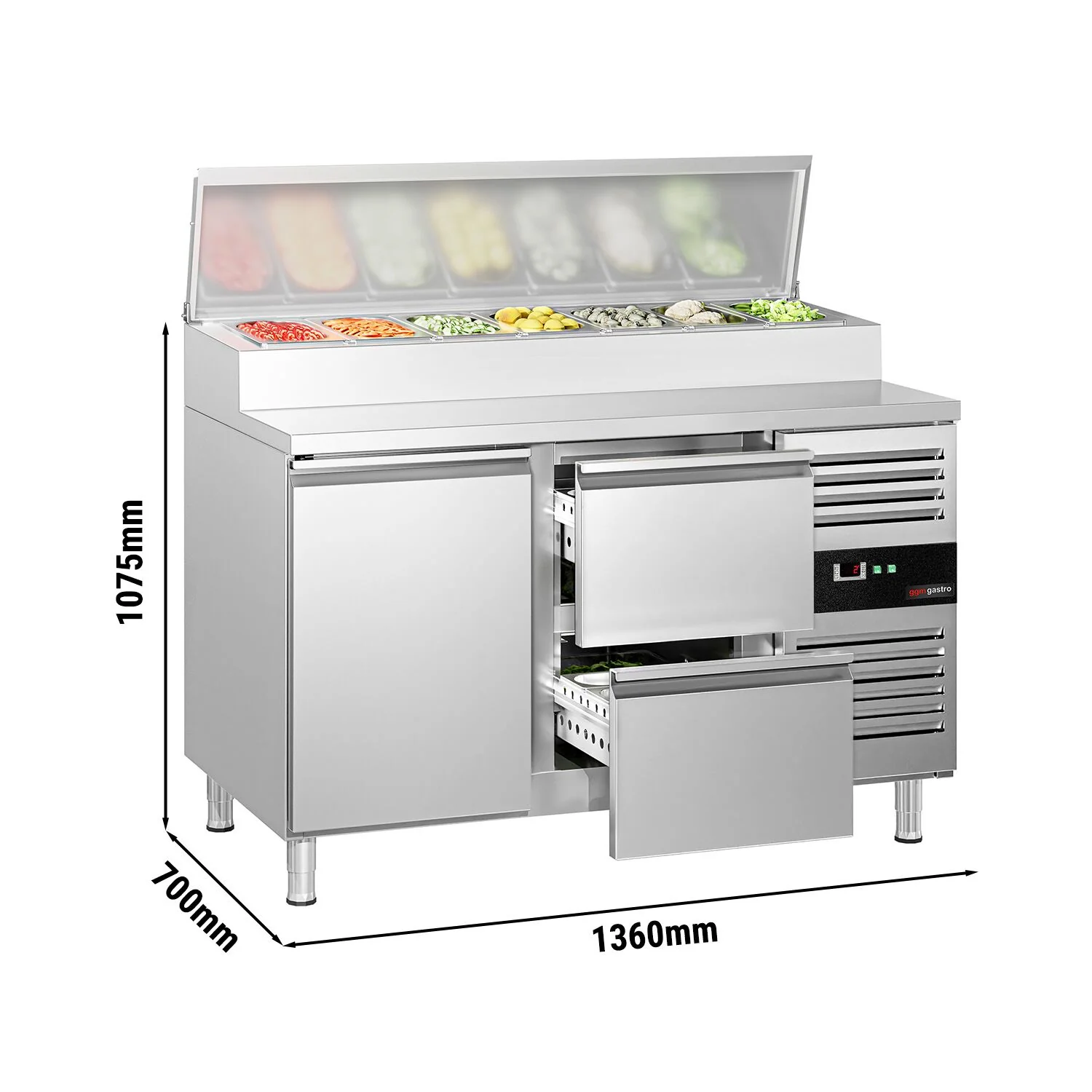 Saladette PREMIUM - 1360x700 mm - 1 dør og 2 skuffer - med lokk - for 7x GN 1/3 beholdere