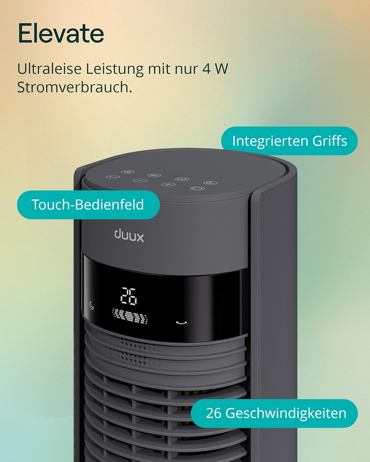Duux Elevate Turmventilator – 12 Geschwindigkeiten, 80° Oszillation, Nur 25 dB, Ionisator, Timer (1–12h), Schlafmodus, Touch & Fernbedienung – Leiser & Smart Ventilator für Schlafzimmer/Büro - Grau