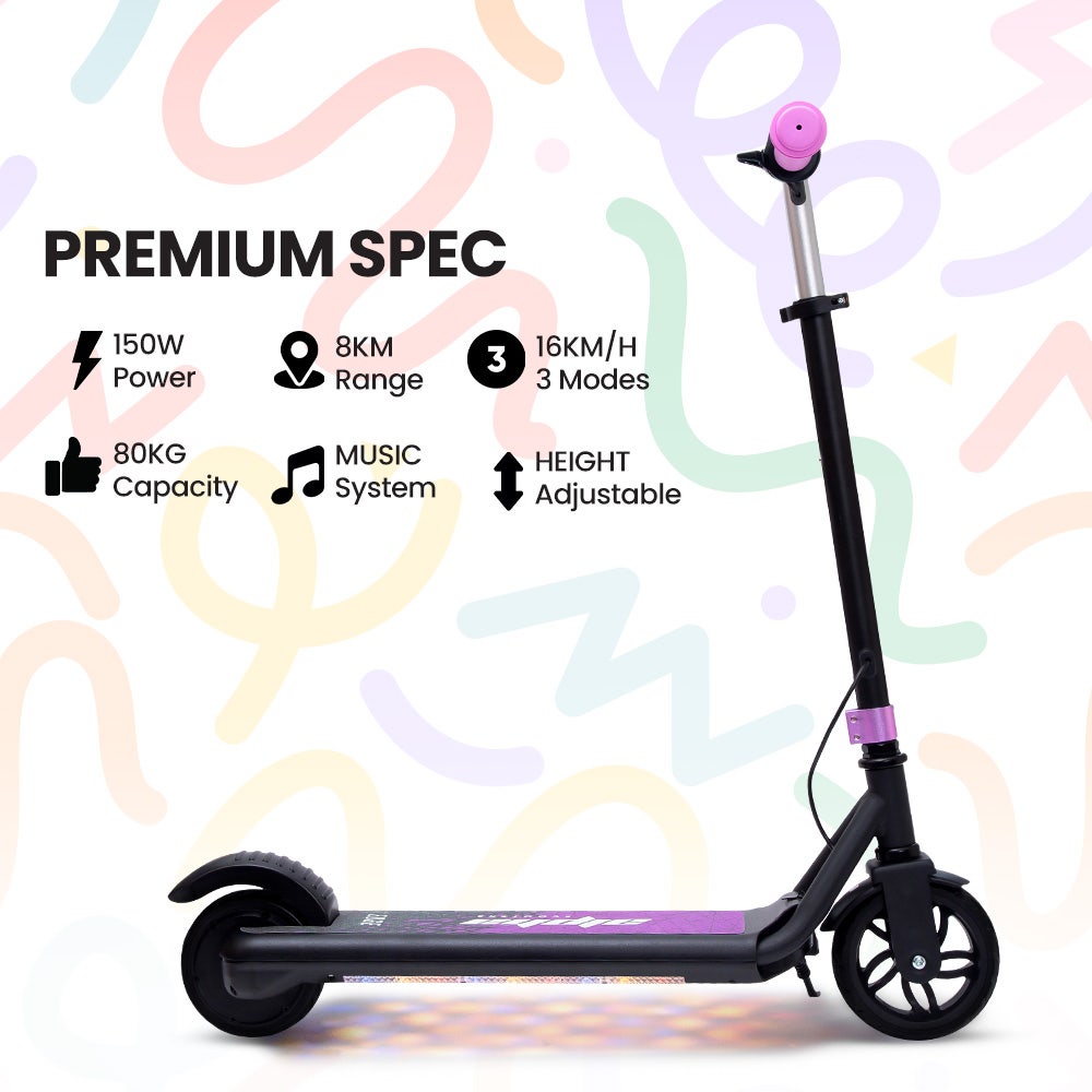 ALPHA Edge Electric Scooter Kids/Teens, 16km/h Max, Adjustable Height, UL Certified, AU Compliant, Dual Brakes, Bluetooth Music, LED, Pink