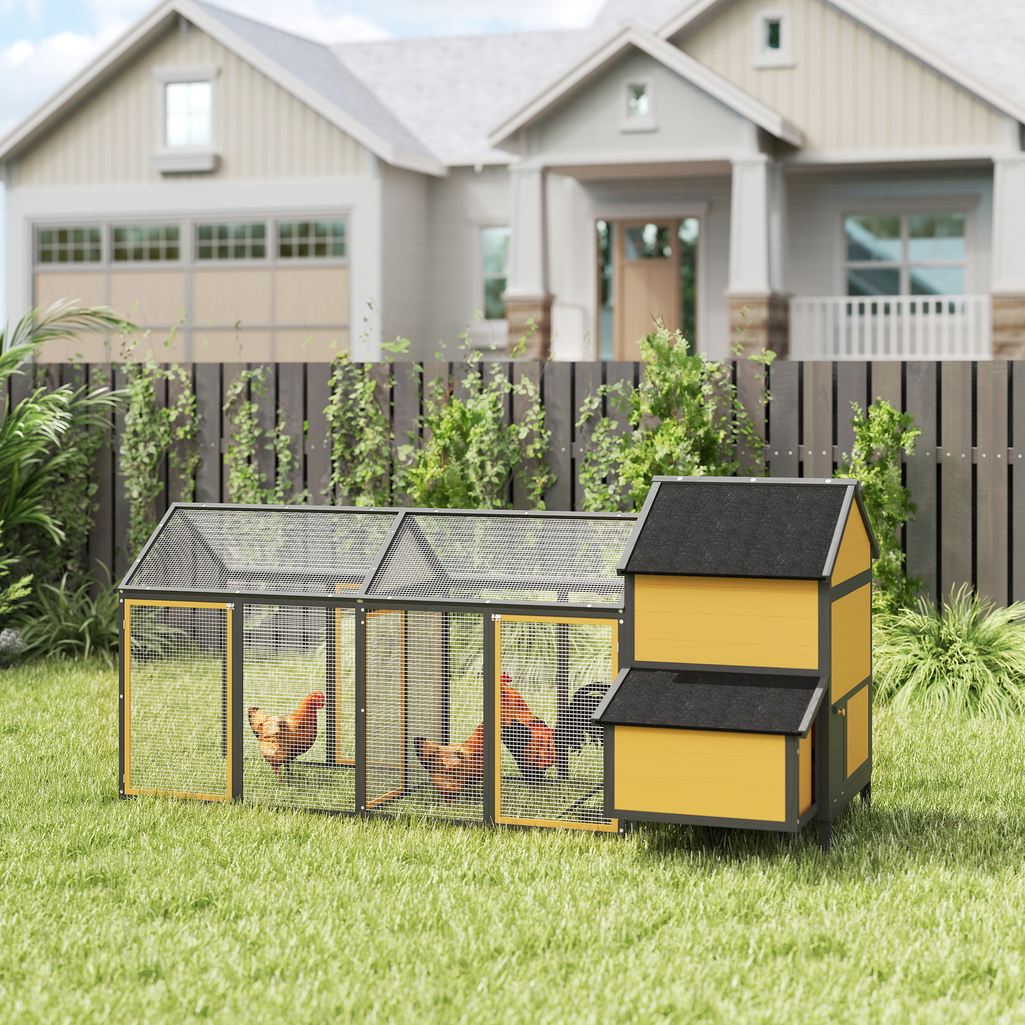 Kippenhok Kleindierenhok 2 Buitenrennen, 1 Legnest, 2 Hellingen, Asfaltdak, Weerbestendig, Geel