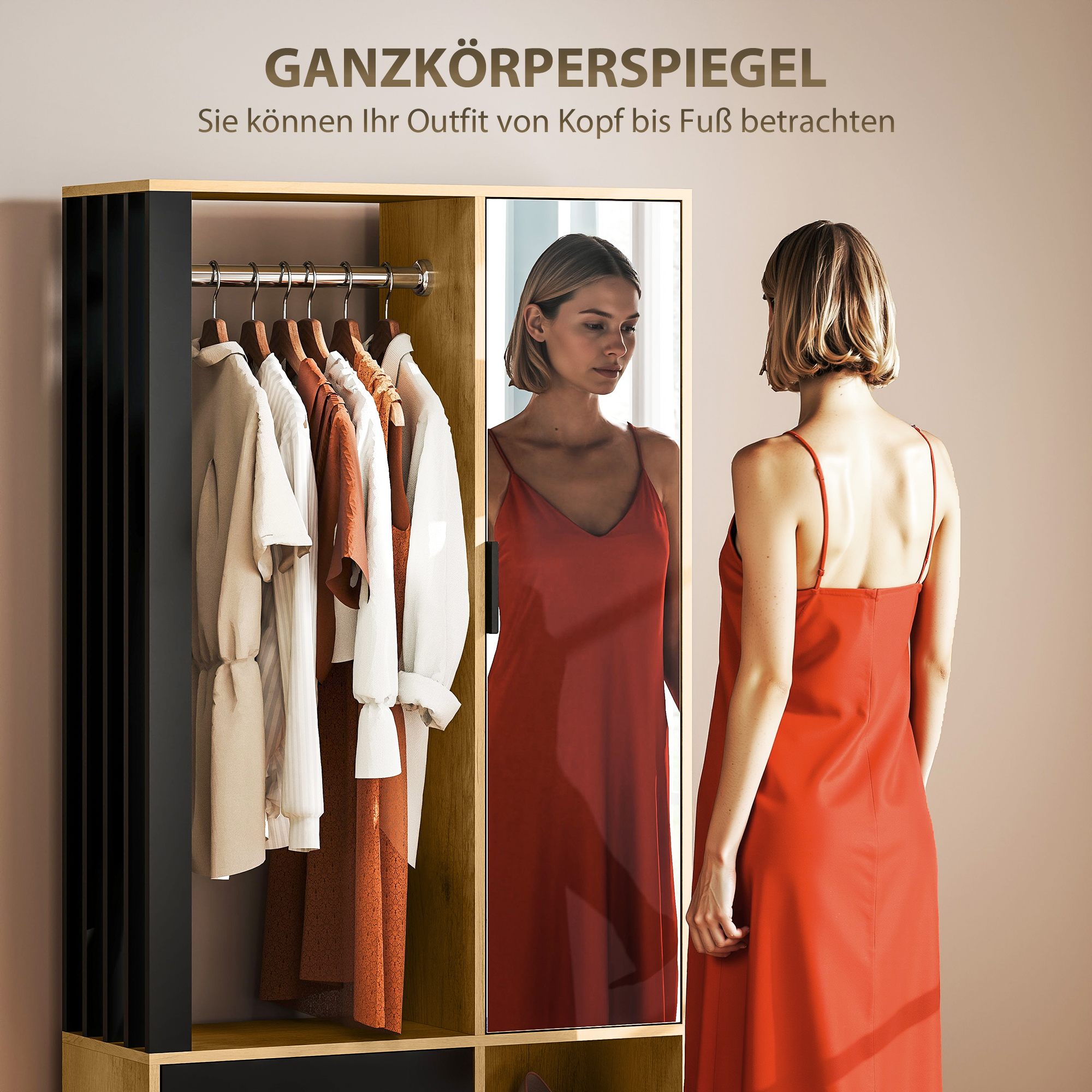 Kast met Spiegel en Kledingstang, Opbergruimten, Open Opbergruimtes, Natuurlijk hout, Zwart