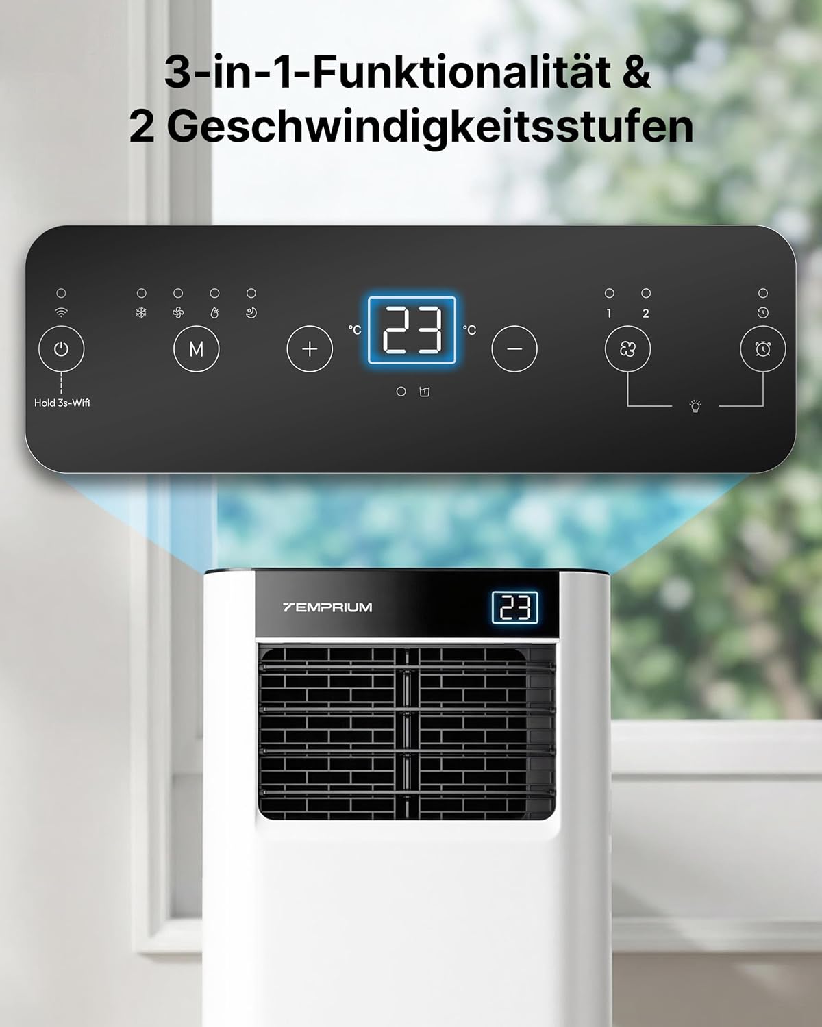 Mobile Klimaanlage 9000BTU 2,6Kw mit Abluftschlauch | 3-in-1 Mobiles Klimagerät | Fensterabdichtung | APP-Steuerung + Fernbedienung | Leiser Betrieb