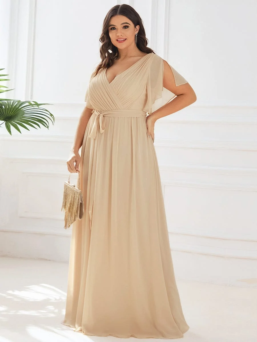 Abendkleid Damen Maxi A-Linie aus Chiffon | Festliches Kleid f��r Hochzeitsg?ste mit V-Ausschnitt und Fl��gel?rmeln