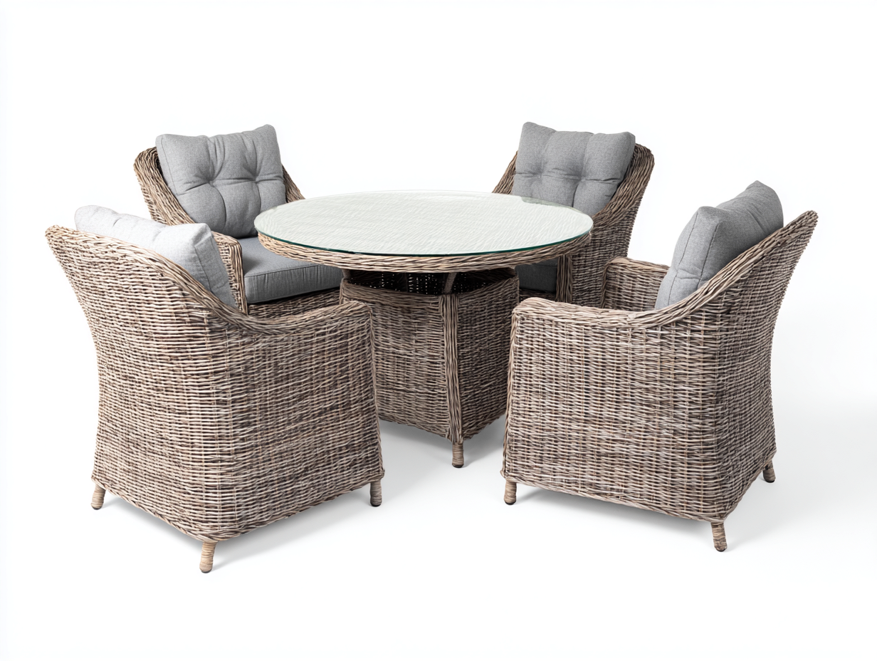 Garten Essgruppe Polyrattan 180x180x85 cm-Naturfarben Grau-Outdoor Essmöbel Set Rundtisch Modernes Design