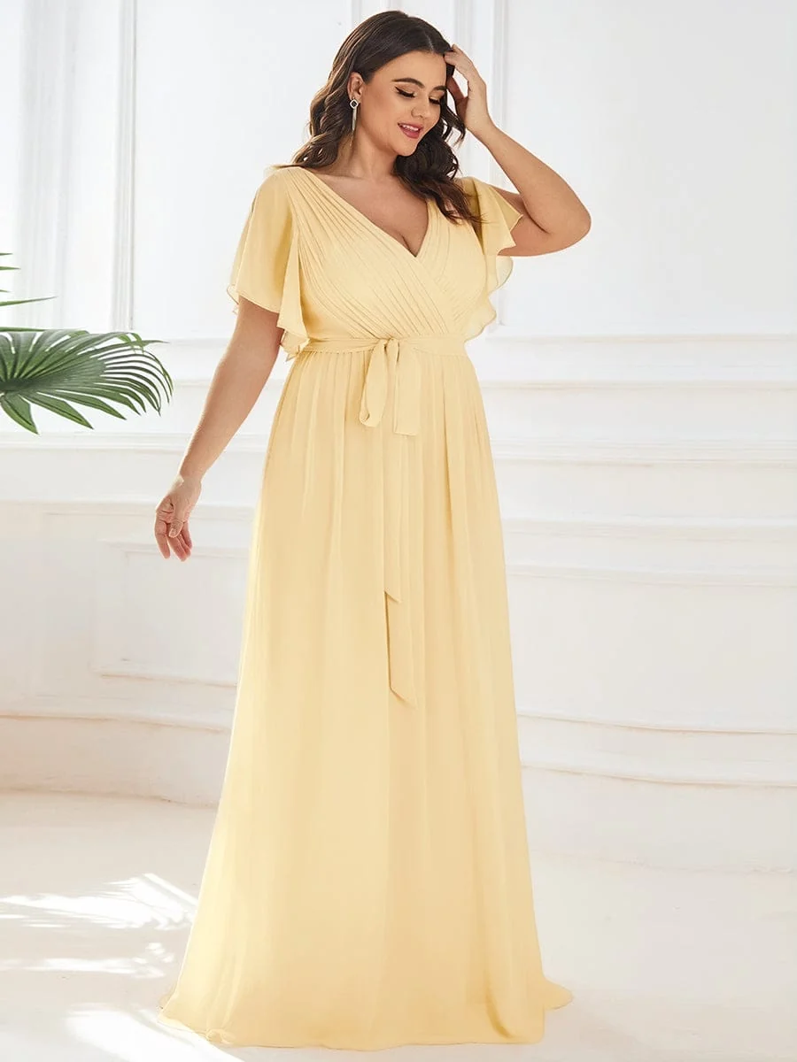 Abendkleid Damen Maxi A-Linie aus Chiffon | Festliches Kleid f��r Hochzeitsg?ste mit V-Ausschnitt und Fl��gel?rmeln