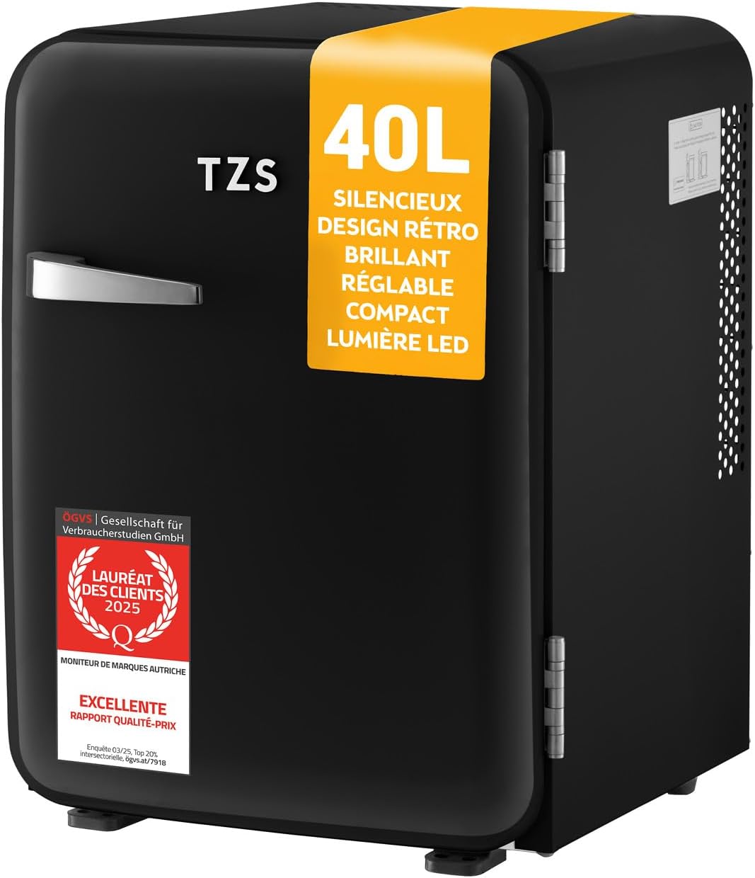 TZS First Austria - Mini Réfrigérateur Rétro 40L silencieux - Petit Minifrigo design vintage avec lumière intérieure et 2 compartiments de porte - Minibar pour camping, bureau, chambre & hôtel - noir