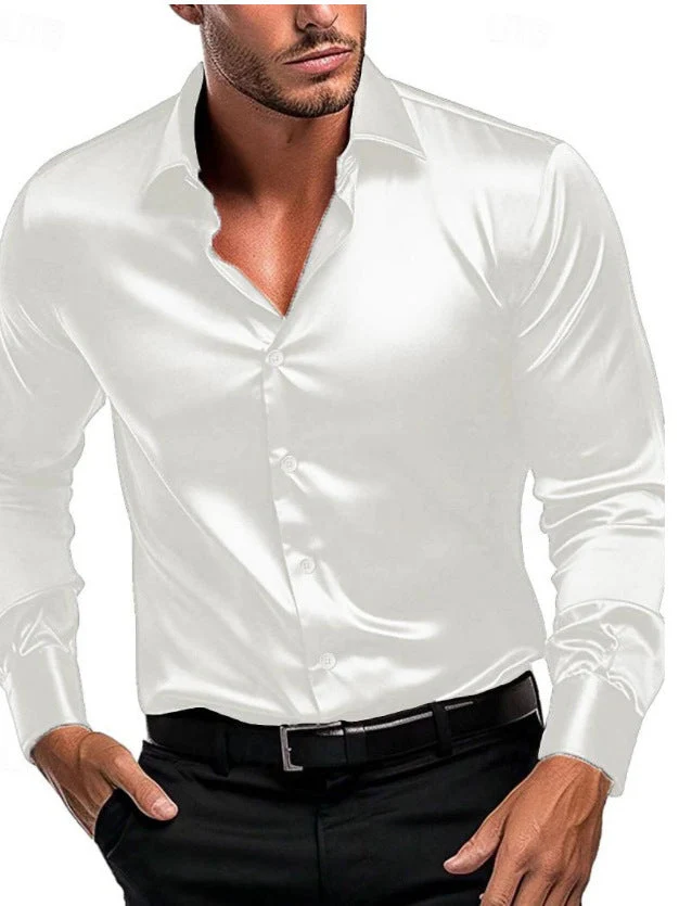 Slim Fit Herrenhemd aus gl?nzendem Satin | Langarm Businesshemd mit klassischem Kragen f��r festliche Anl?sse und B��ro