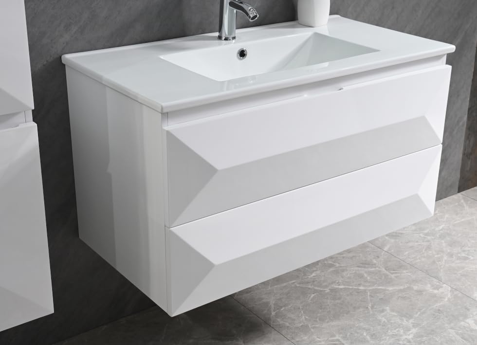 Faizee Möbel Miran Hochglanz Badmöbel Set mit Spiegel & Keramik-Waschbecken – Modernes 6-teiliges Badezimmer Set mit Soft-Close Unterschrank & 2 Seitenschränken (Miran Weiß, 60 cm (Unterschrank))