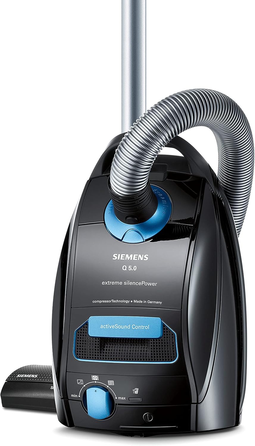 Siemens Staubsauger mit Beutel Q5.0 Extreme silencePower VSQ5X1230, Bodenstaubsauger, 850 W, schwarz & Swirl S 73 MicroPor® Plus Staubsaugerbeutel, 4 Stück inkl. Filter