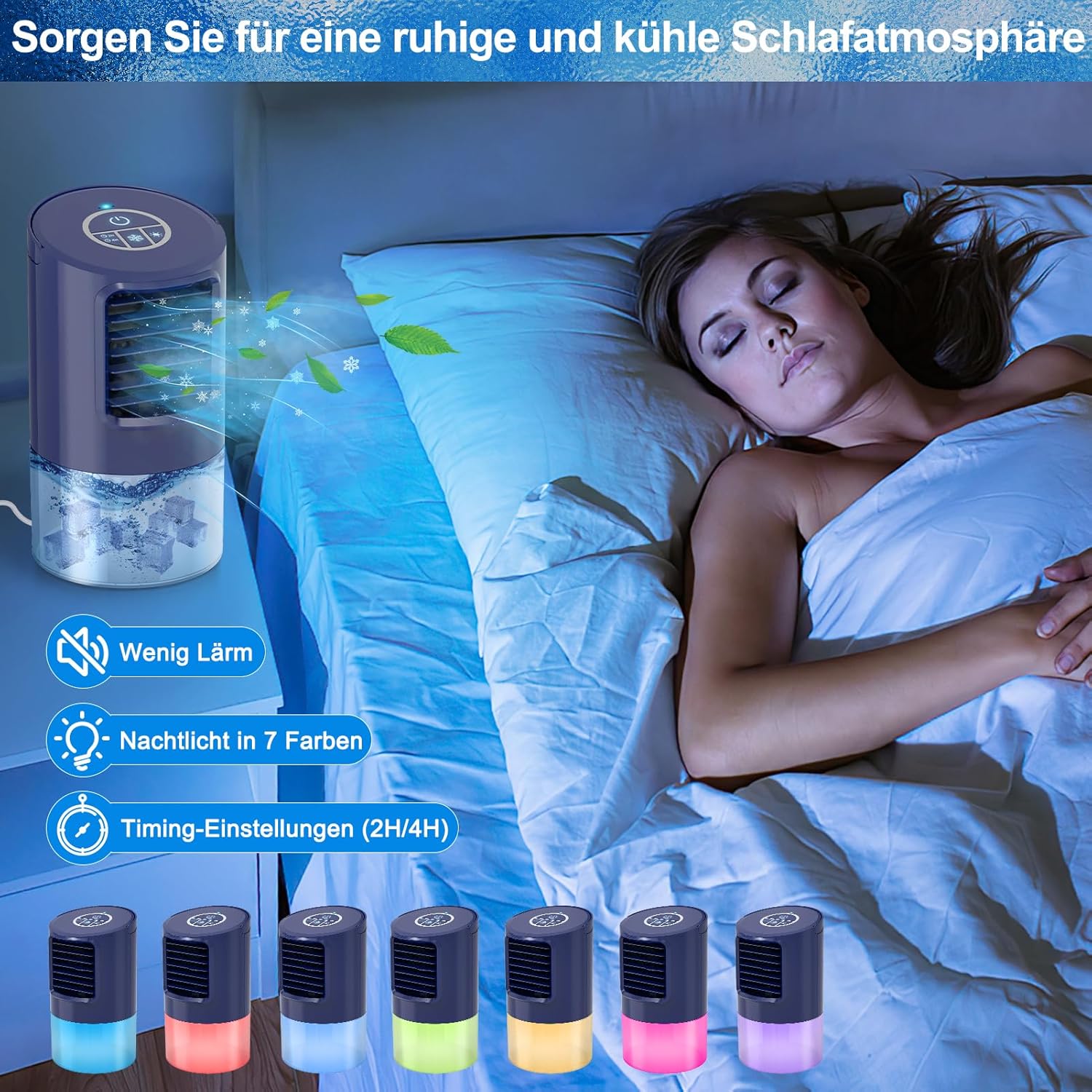 RenFox Klimagerte Mini Luftkühler, 5 in 1 Mobile Klimaanlage, Air Cooler Klimagert, Ventilator, Luftbefeuchter, 3 Geschwindigkeiten, 7 LED Luftkühler Klein für Zuhause und Büro