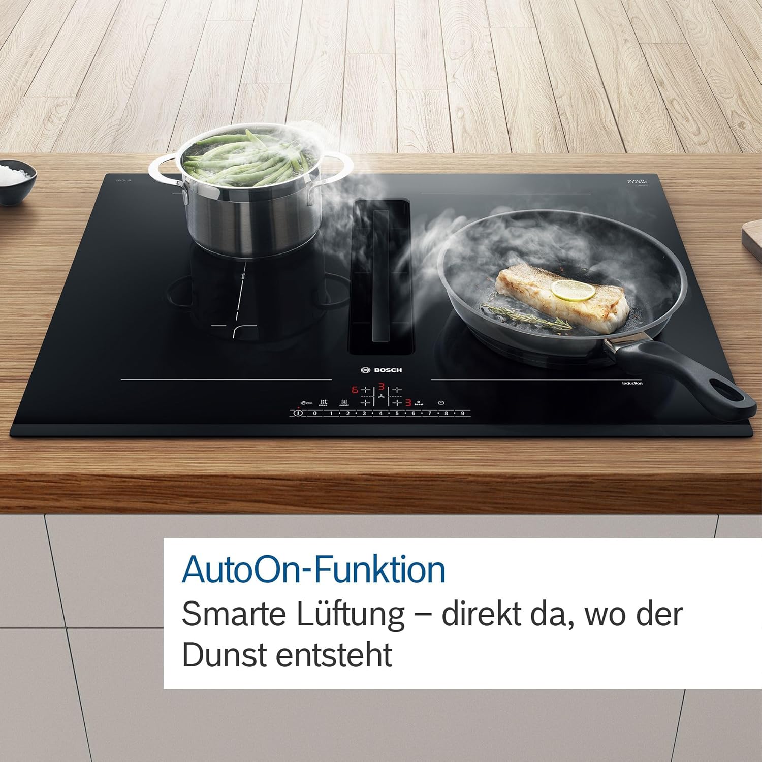 PKM845F11E Serie 6 Glaskeramik-Kochfeld mit Dunstabzug (autark), 80 cm breit, CombiZone Kombination zweier Kochzonen, PowerBoost schnelleres Kochen, DirectSelect intuitive Bedienung