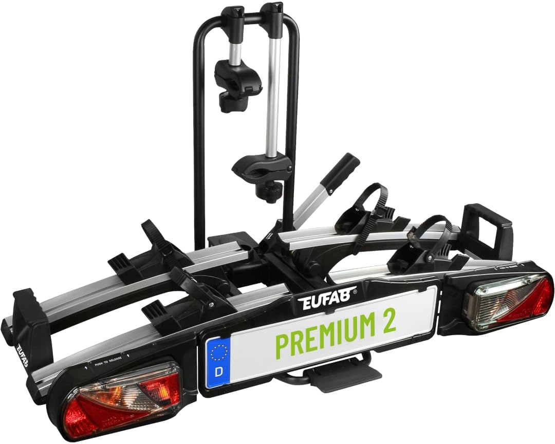 EUFAB 11521 Fahrradträger PREMIUM 2, E-Bike geeignet, komplett vormontiert, Diebstahlschutz, für 2 Fahrräder, für Anhängekupplung, Schwarz, Silber