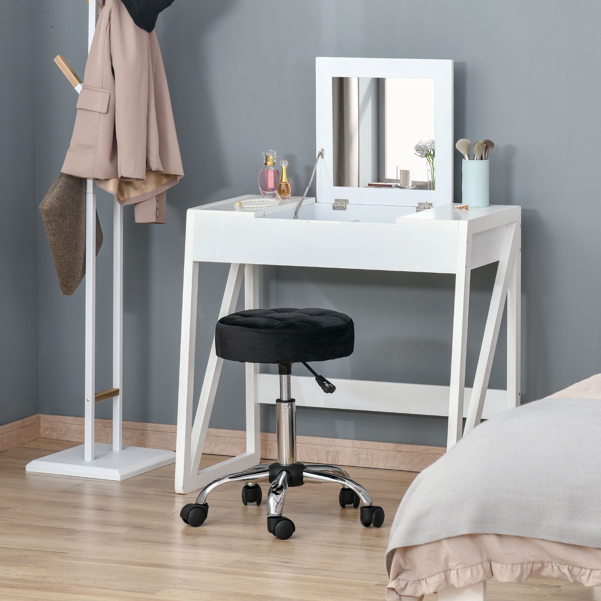 Salonkruk, in hoogte verstelbaar, met fluweelachtige bekleding, ?35 x 49-61 cm, Zwart